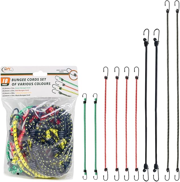 DiversityWrap Bungee Cords With Hooks - 10 Heavy Duty Bungee Straps with Rubber Coated Metal Hooks | Bungee Cord Set of Assorted Lengths Elastic Cord in 4 Colors | For Bike, Van, Camping and More