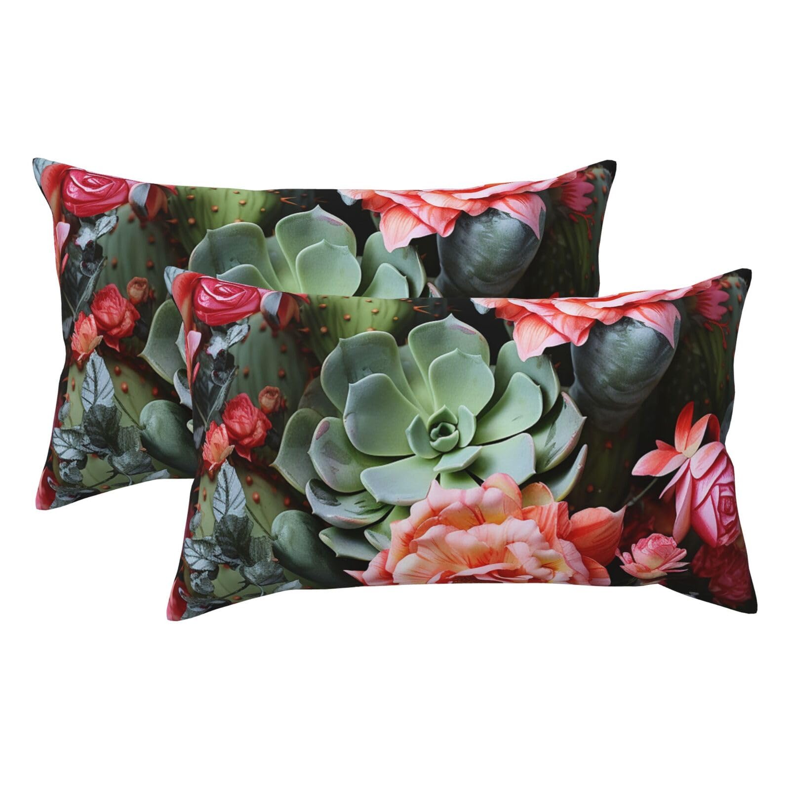 2 Pack King Pillow Cases with Hidden Zipper, Soft Breathable Pillow Covers for Hair and Skin, Roses Flowers and Cactus Pillowcases 20"x36" Bed Pillow Protectors Cover for Sleeping Gifts