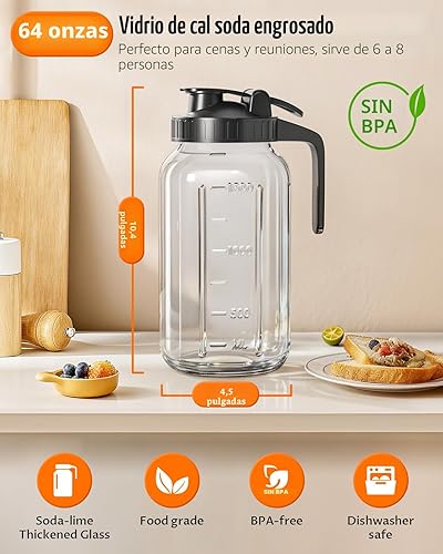 Miniatura 2 de Jarra Mason Jar de 64 oz – Jarra de vidrio hermética y a prueba de fugas con tapa, perfecta para tae helado, té solar, cerveza fría, leche materna