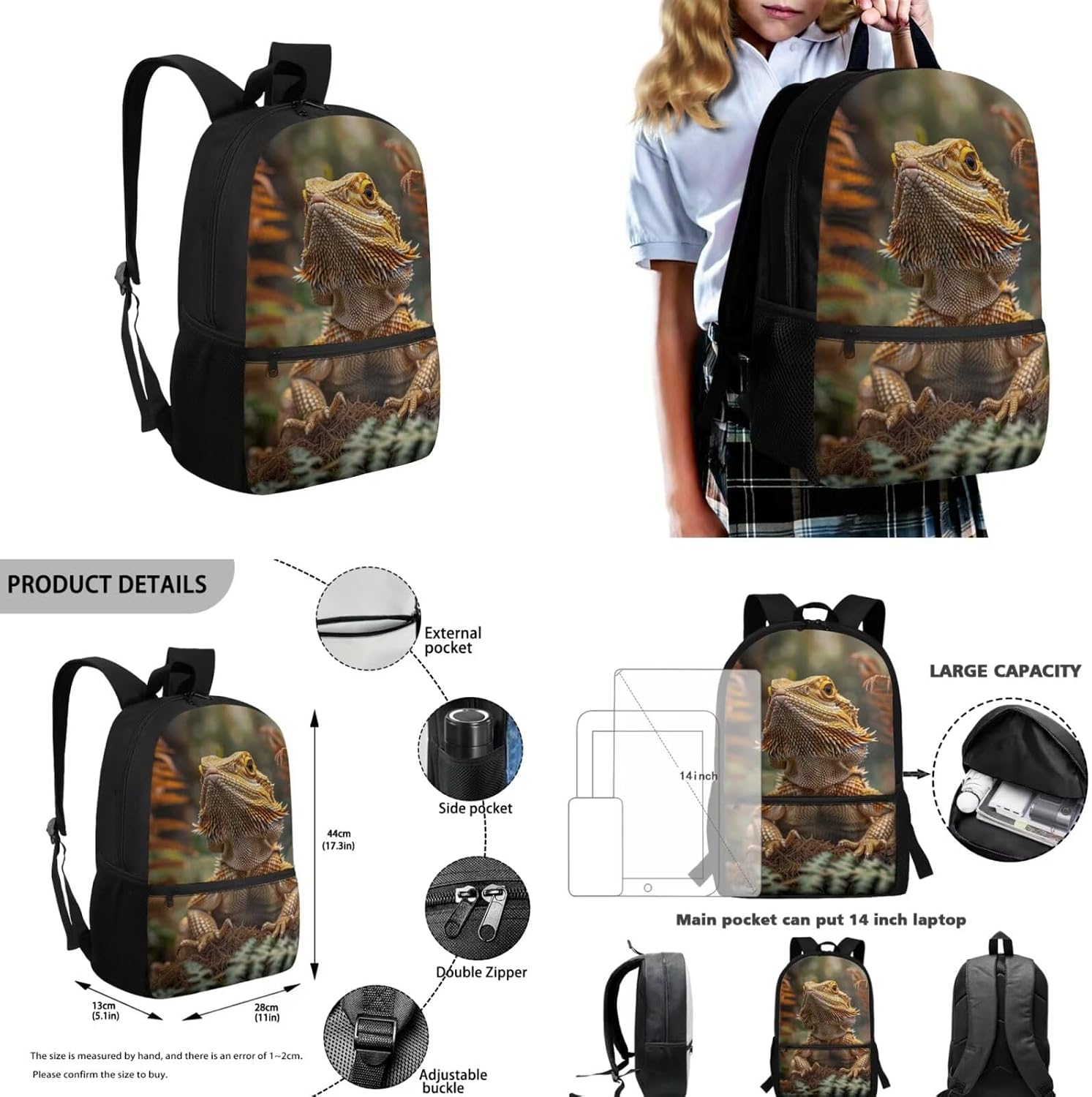 Dragon Lizard Backpack for Kids Boys Backpack with Lunch Box Water Bottle Pouch and Big Pencil Case 4PCS Set Bookbag with Front Pocket 17 inch Sturdy School Bag Kids Back to School Essentials