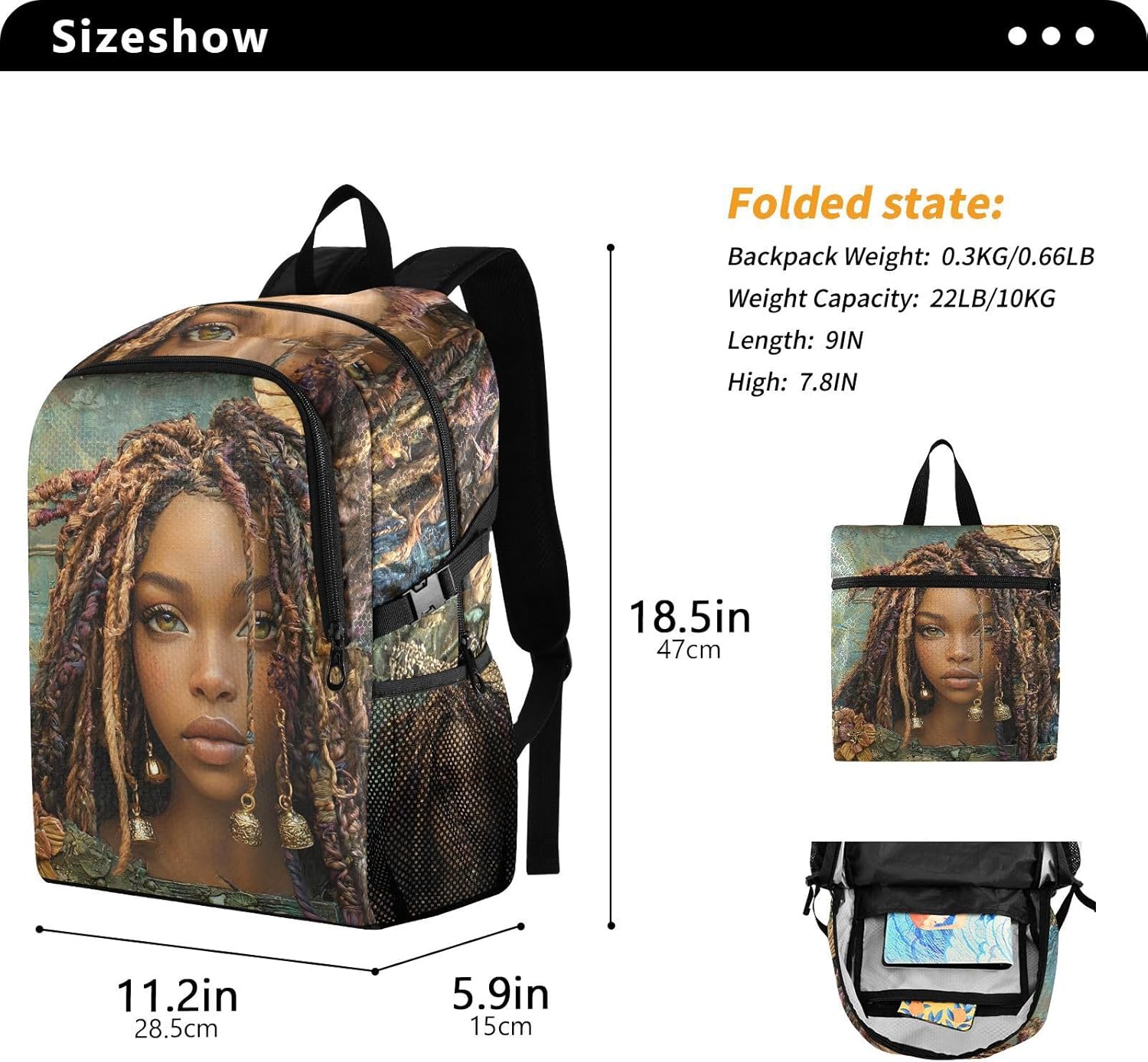 AIXIWAWA Travel Backpack African Woman Butterfly, Packable Lightweight Waterproof Portable Casual Daypack Foldable for Hiking Camping Weight Capacity 22 LB