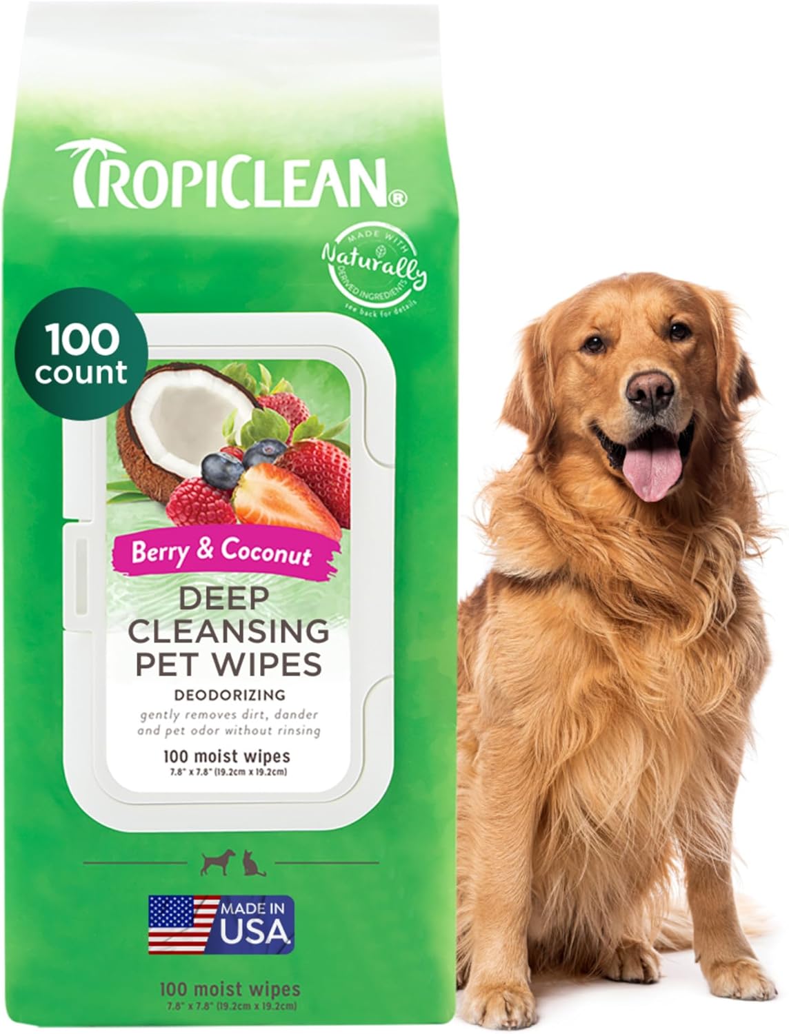 TropiClean Deep Cleaning Pet Wipes, 100ct – Wipes for Dogs & Cats – Gently Removes Dirt, Dander & Smells – for Pet Paws, Face, Body & Bottom – Sweet Berry & Coconut Scent