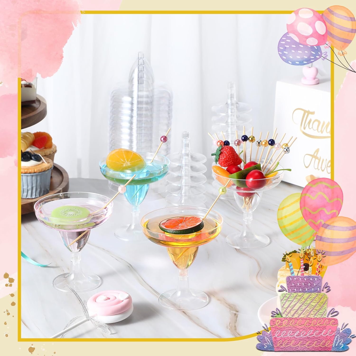 Baderke 90 Pcs 5 oz Plastic Margarita Glasses Cup and Pearl Picks Kit 40 Disposable Clear Cocktail Cups 50 Cocktail Toothpicks for Cinco De Mayo Party Decorations Taco Party Weddings