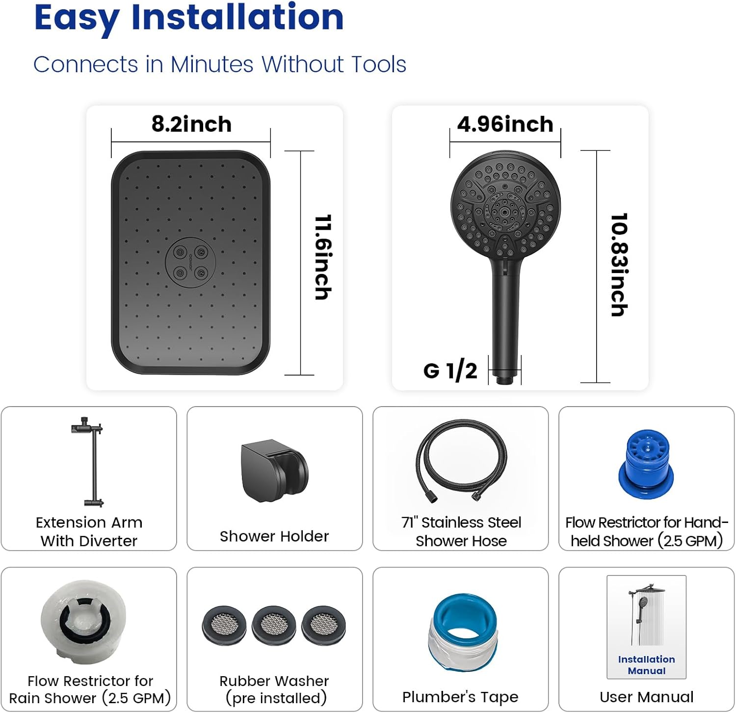 JOMOO Handheld Shower Head Combo, 10 Spray Modes High-Pressure Handheld Showerhead with 12" Square Rainfall Shower Combo, Dual Showerhead Set with 71 Inch Long Shower Hose, Matte Black