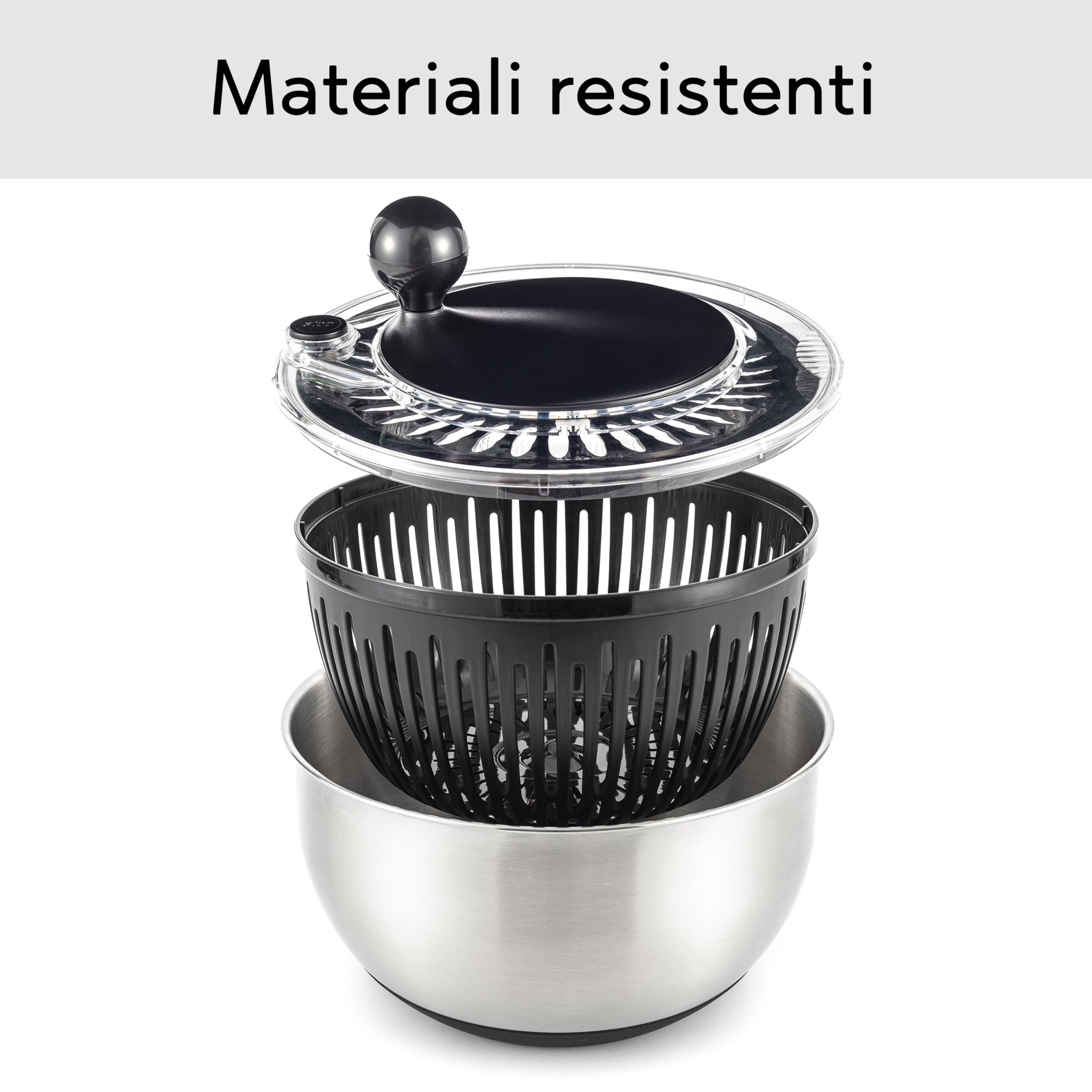Hanseküche Centrifuga da insalata in acciaio inossidabile – Ø24,5x19cm Centrifugare,servire e conservare in un unico Salad Spinner privo di BPA,Grande capacità di 4,5 litri con azionamento a manovella