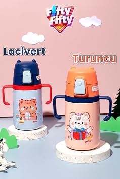 400 ML 316L Paslanmaz Çelik Pipetli Çocuk Termosu Taşıma Kulplu Askılı Çift Duvar -FFR400ML4011 Turuncu