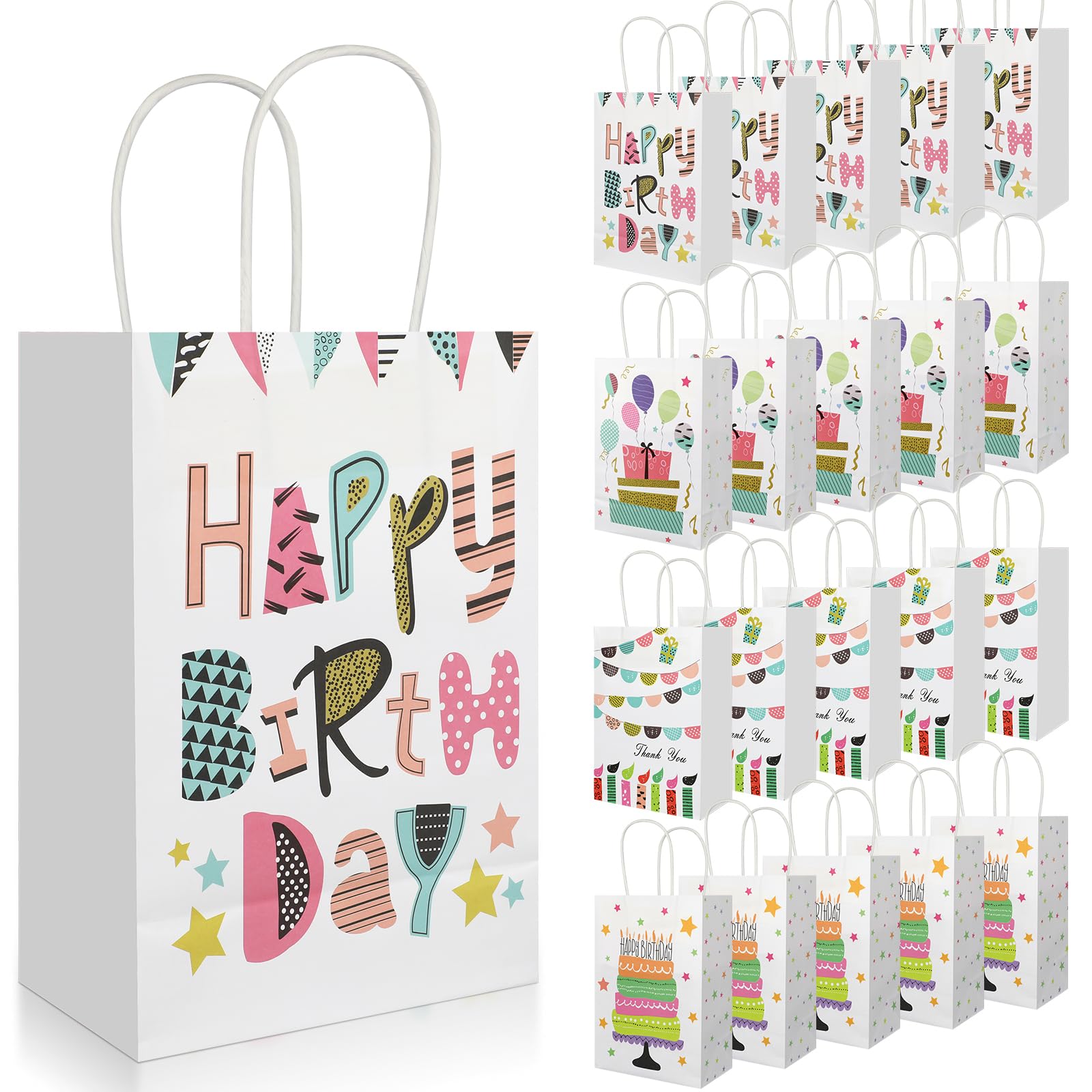 20Pcs Birthday Gift Bags with Handles, 8.2" x 5.8"x3.15" Happy Birthday Paper Favor Bags, Colorful Candle Balloon Cake Print Birthday Goodie Bags,