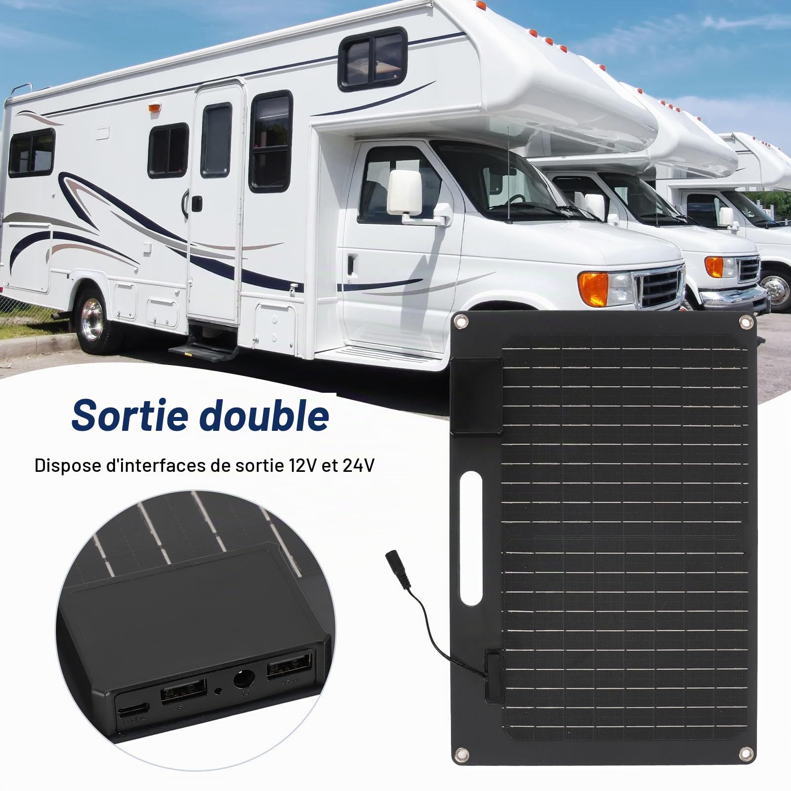 Panneau Solaire Portable 100 W, Sorties USB, Rapide, Haute efficacité, Chargeur pour Batterie Externe, Téléphone, Ordinateur Portable, Camping-car, Voyage en Bateau