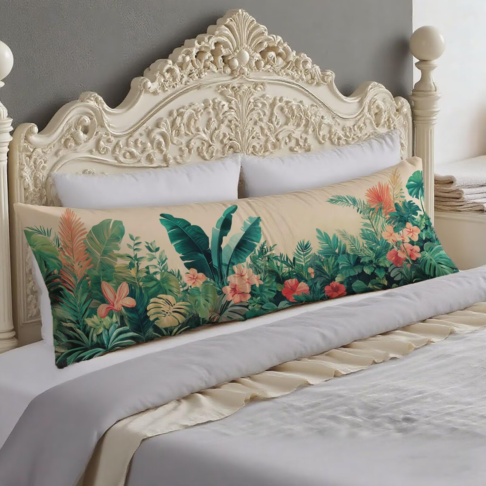 Taie traversin 140 cm vert et rose, housse oreiller double face impression velours