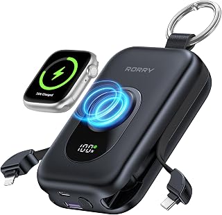 RORRY CharmGo Portable Charger 20000mAh 30W Power Bank with Built-in Cables | Built-in USB-C & iOS Cables, 30W Fast-Charging Battery Pack with Keychain, Travel Essential for iPhone, Apple Watch & iPad