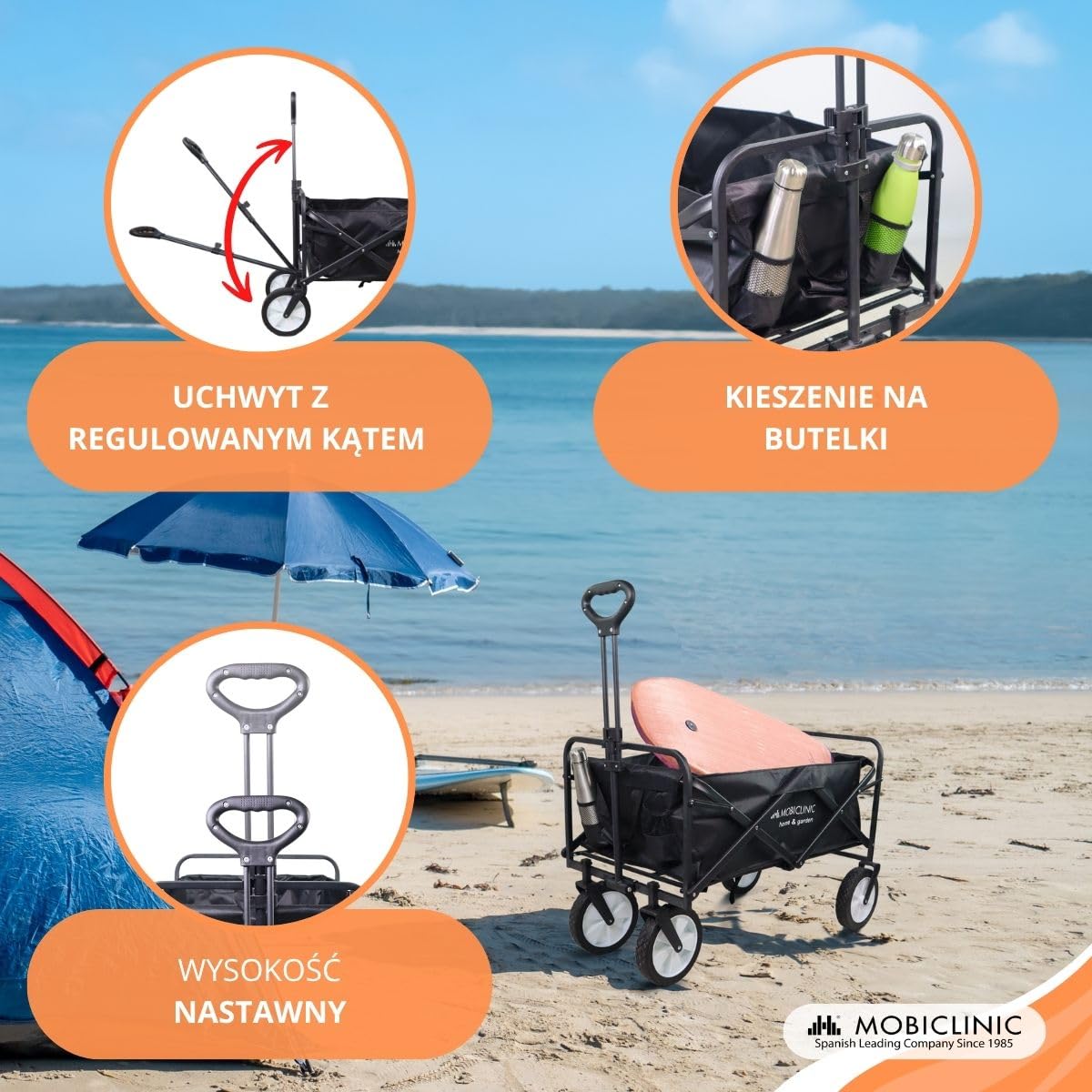 Mobiclinic®, Składany wózek transportowy, Na plażę i do ogrodu, Duna pro, Regulowana rączka, 360º terenowe koł, Nośność 100 kg, 85x54, 5x58, 5cm, Wodoodporny, Stal, Pcv, Czarny