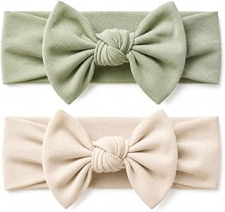 Baby Girl Headbands-Infant,Toddler Cotton Handmade Hairbands with Bows Child Hair Accessories (2, Light Beige-Linden Green, 3-36 Month)