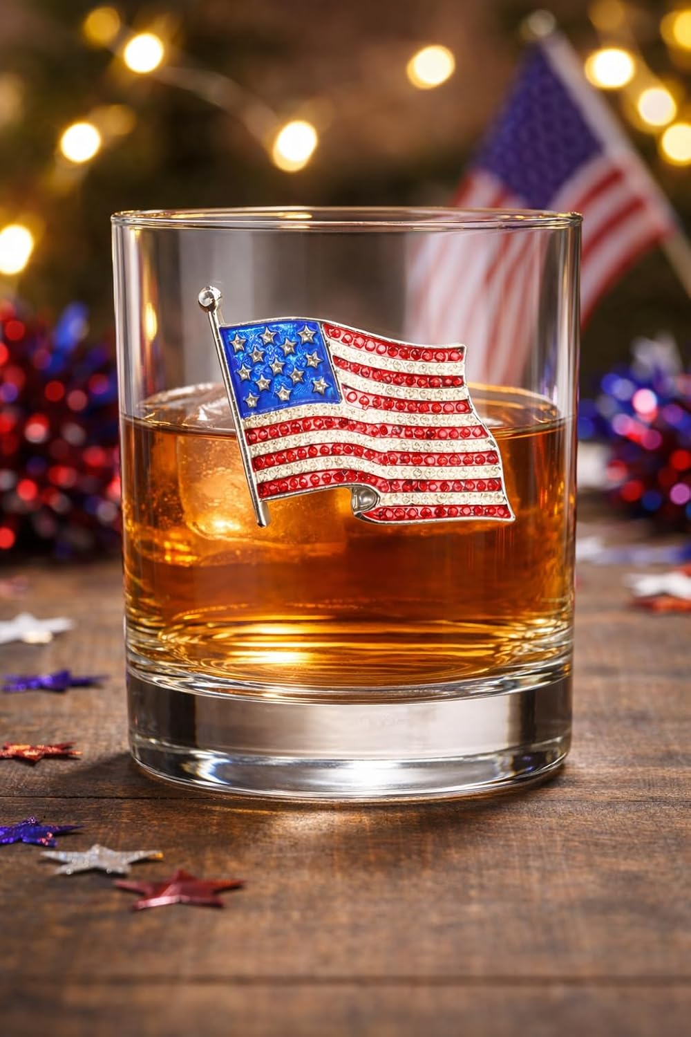 THE QUEENS' JEWELS American Flag Jeweled Double Old Fashioned, 14 oz. - Unique Gift for Women, Birthday, Cute, Fun, Cocktail, Not Painted, Decorated, Bling, Bedazzled, Rhinestone