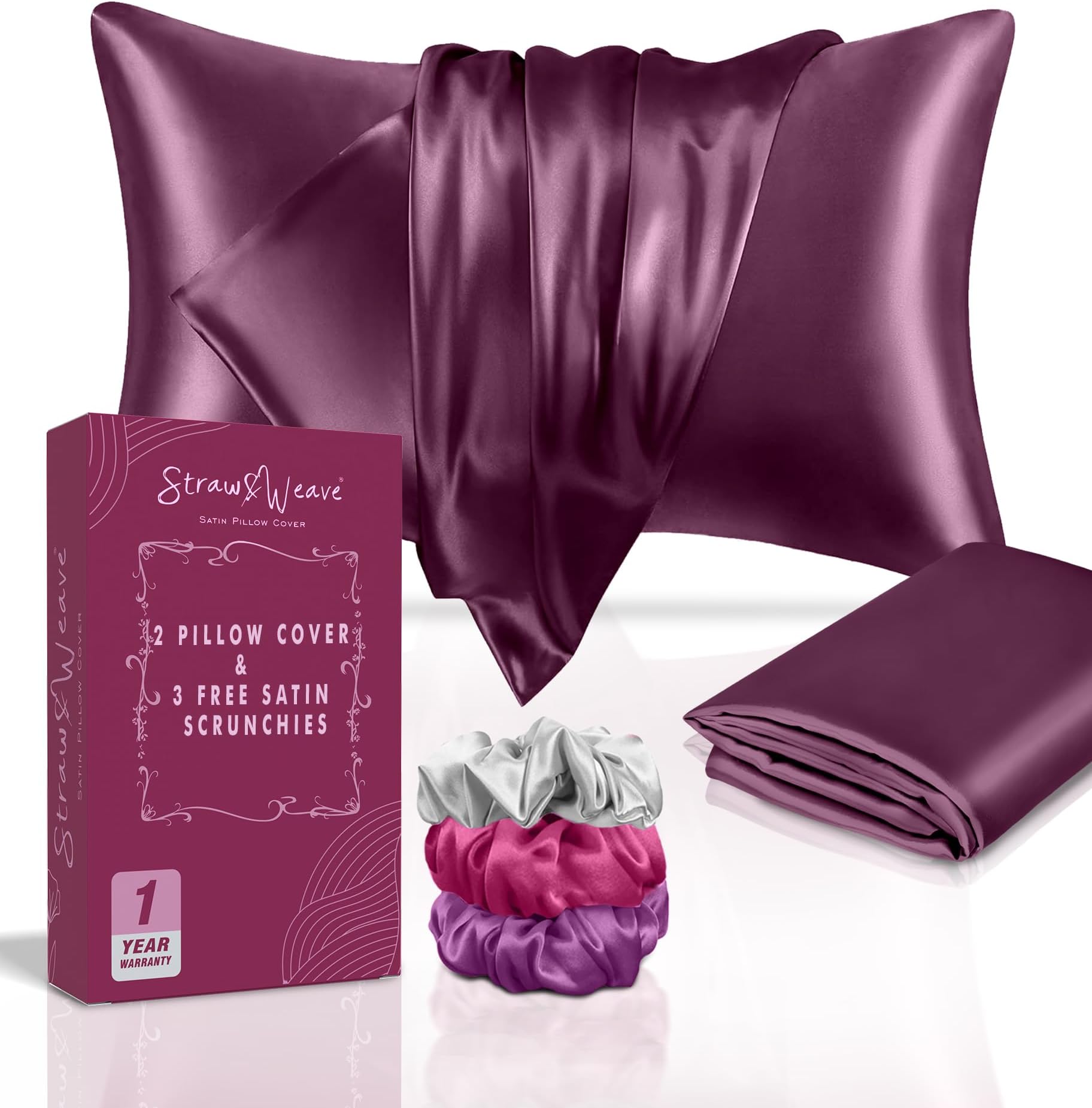 Solid 600 TC Satin Pillow Cover for Hair & Skin 3 Months Warranty with 2 Silk Pillow Cover & 3 Satin Scrunchies for Women Gift Items for Women Set of 2