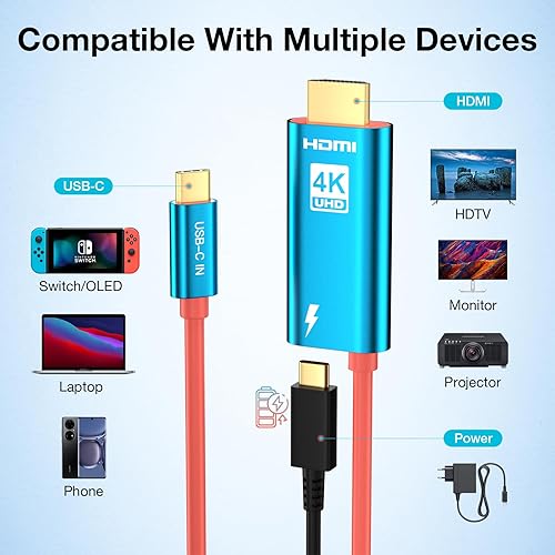 Miniatura 6 de QCEs USB C to HDMI Cable for SwitchOLED, Portable Switch Dock 4K HDMI TV Adapter Cord with Charging 6.6Ft Compatible with Nintendo Switch Dock,