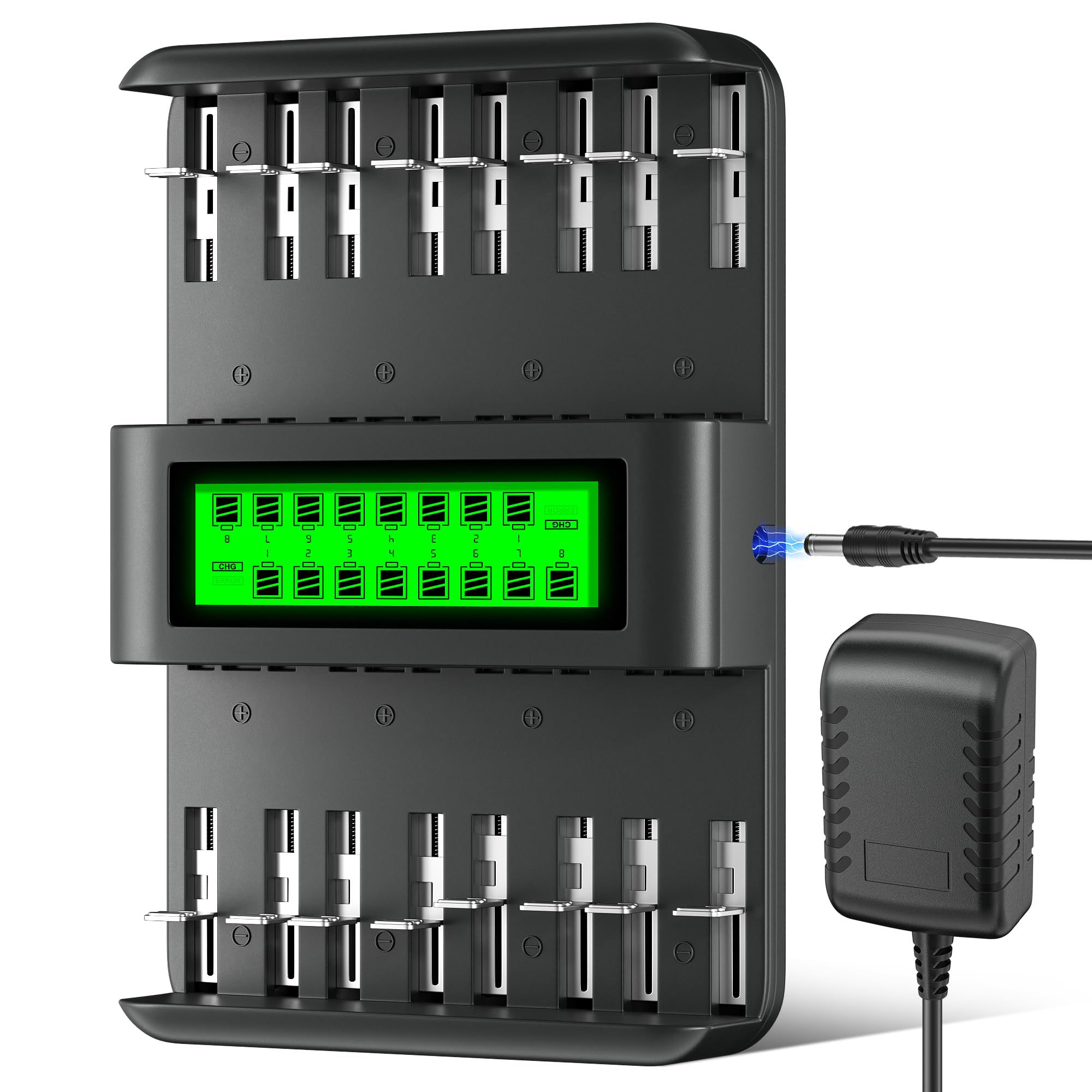 16 Szarowniku akumulatora dla baterii 1,2 V AA/AAA/C/D (NI-MH/NI-CD), wyświetlacz LCD, ładowanie niezależne/mieszane, ładowarka wejściowa 12 V/2A