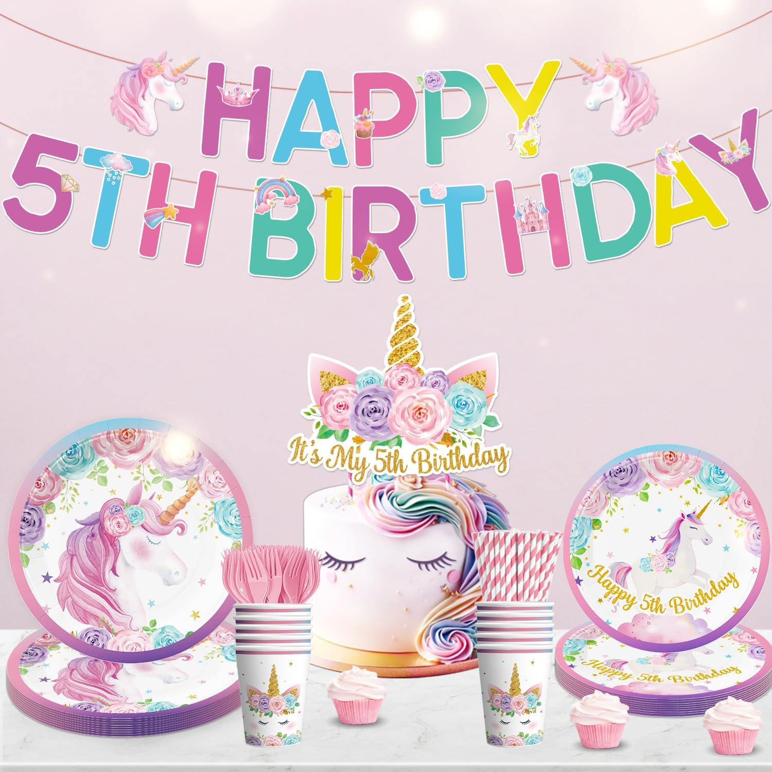 162pcs Unicorn 5th Birthday Decorations for Girl: Unicorn Plates, Napkins, Banner, Hanging Swirls, Tablecloth, Cake Topper - Pink, Purple - Serves 25