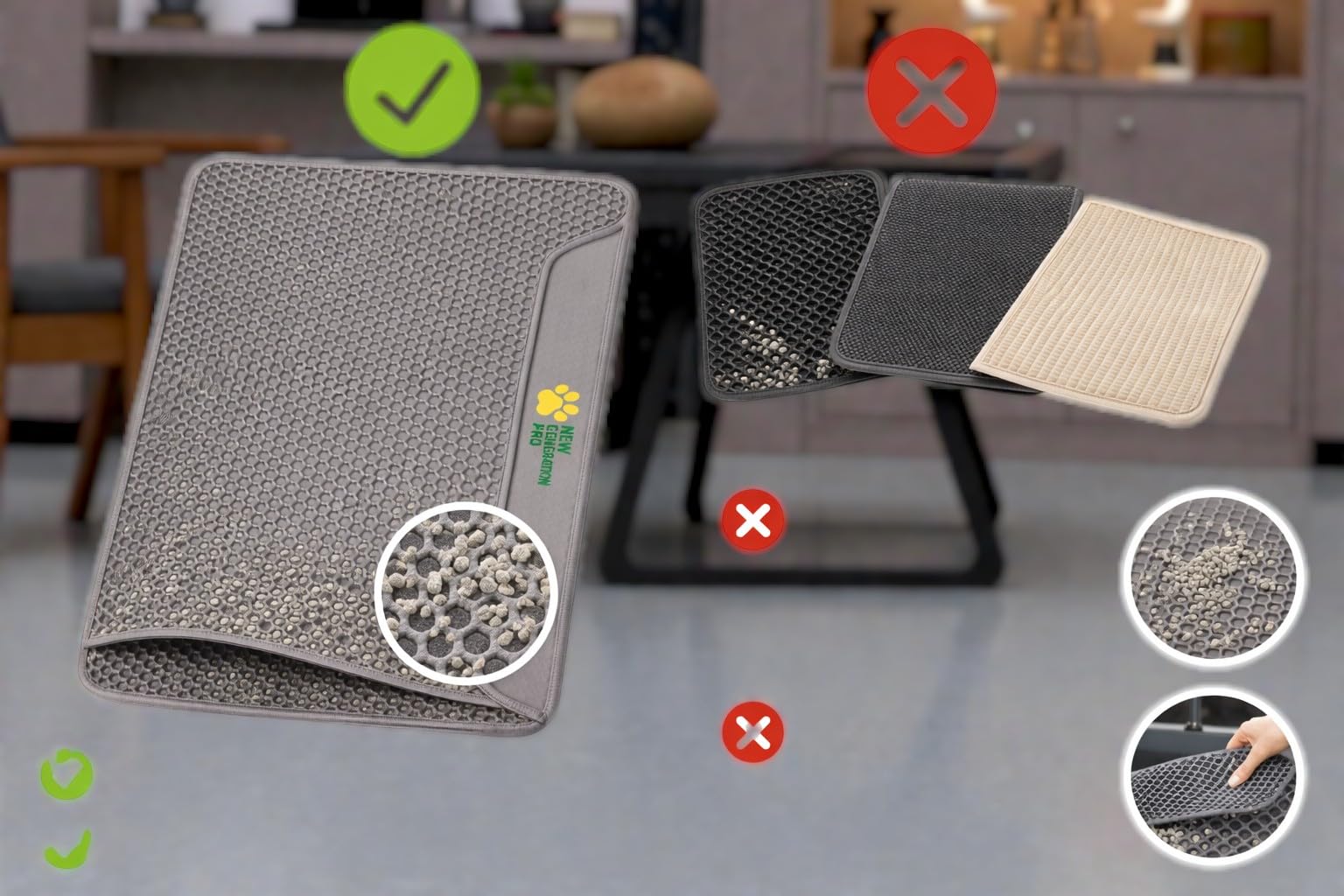 Tappetino Lettiera Gatto 75x55 cm XL | Tappeto per Lettiera Doppio Strato a Nido d'Ape | Tappetino Gatto Sabbia Impermeabile in Gomma EVA | Anti-Tracciamento, grigio
