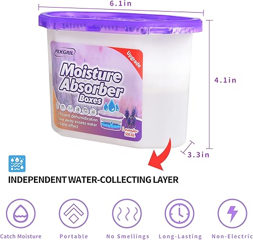 Miniatura 3 de PEKGRIL Cajas absorbentes de humedad de 169fl oz 8 paquetes deshumidificador de armario con fragancia lavanda cubo absorbente de humedad atrae