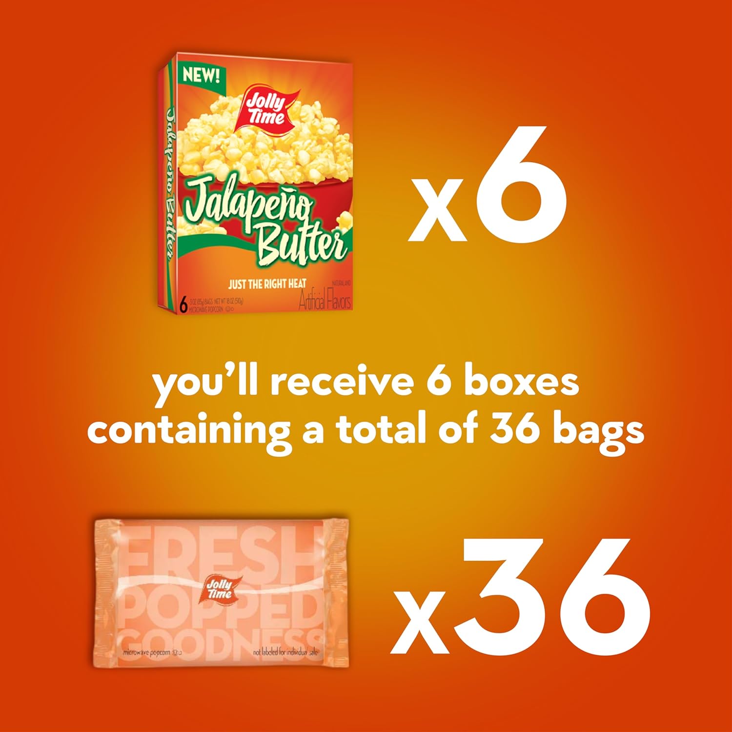 Jolly Time Jalapeño Butter, Microwave Popcorn with Just the Right Heat, 3oz Sharing Bag, 6 Bags Per Carton (Jalapeño Butter, 3 Ounce (Pack of 36))