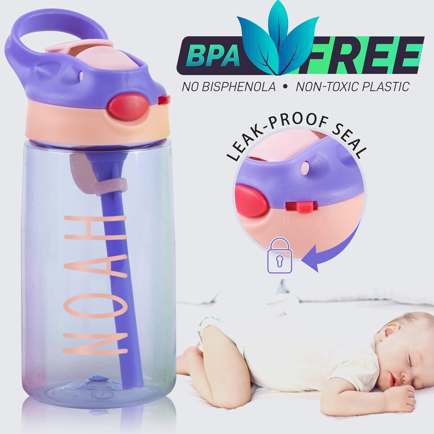 Personalized Water Bottles for Kids, 16 oz Custom Name Sports Water Bottle with Straw for Children Girls Boys School - Image 2