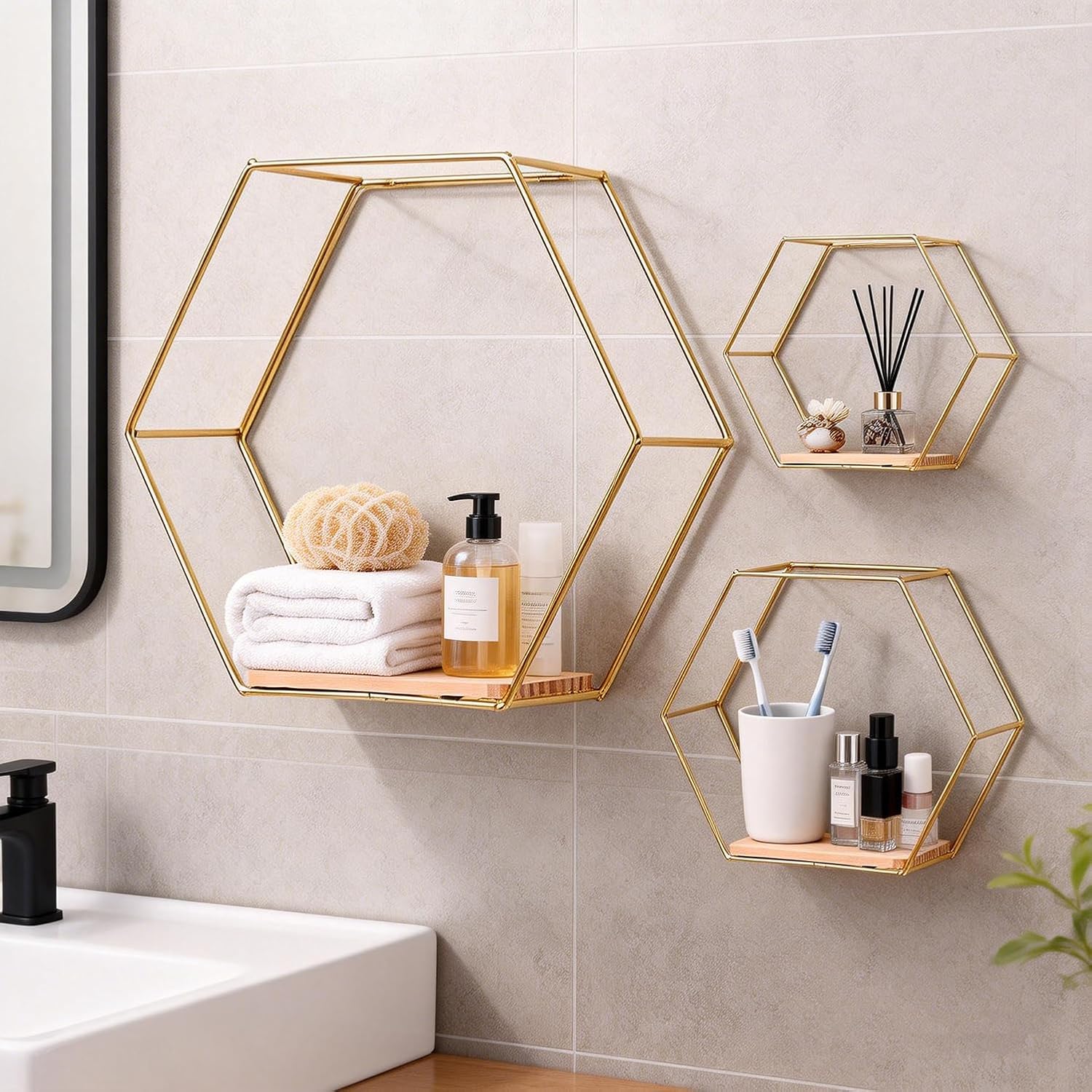 3 Pieces Hexagon Floating Shelves, Hexagon Wall Shelves, Gold Metal Wall Shelves with Wooden Panels – Modern Wall Decor for Bedroom, Living Room & Office Storage (Gold)