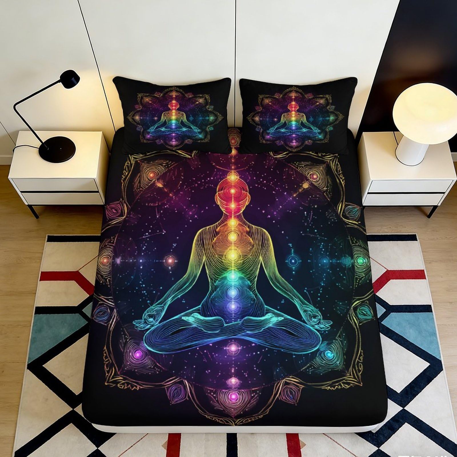3D Printed Chakra Meditation Fitted Sheet Microfiber Soft Breathable Mandala Bed Cover for Bedroom Dorm Decor 90x200x25cm