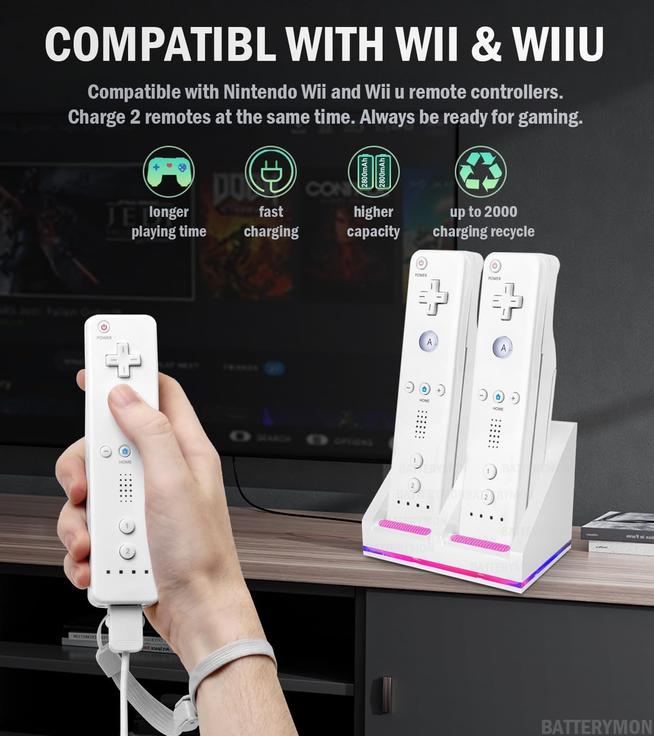 2pcs Rechargeable Battery Pack Compatible with Wii WiiU Remote, Conroller Charger Station Compatible with Wii Battery, Include Wall Adapter (NOT Include Controller) - Image 3