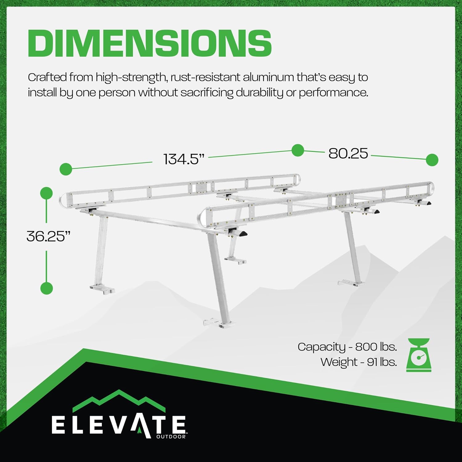 Adjustable Universal Aluminum Pickup Truck Cap Rack for Truck Beds up to 68" Wide with or Without Cap, 800 Pound Weight Capacity