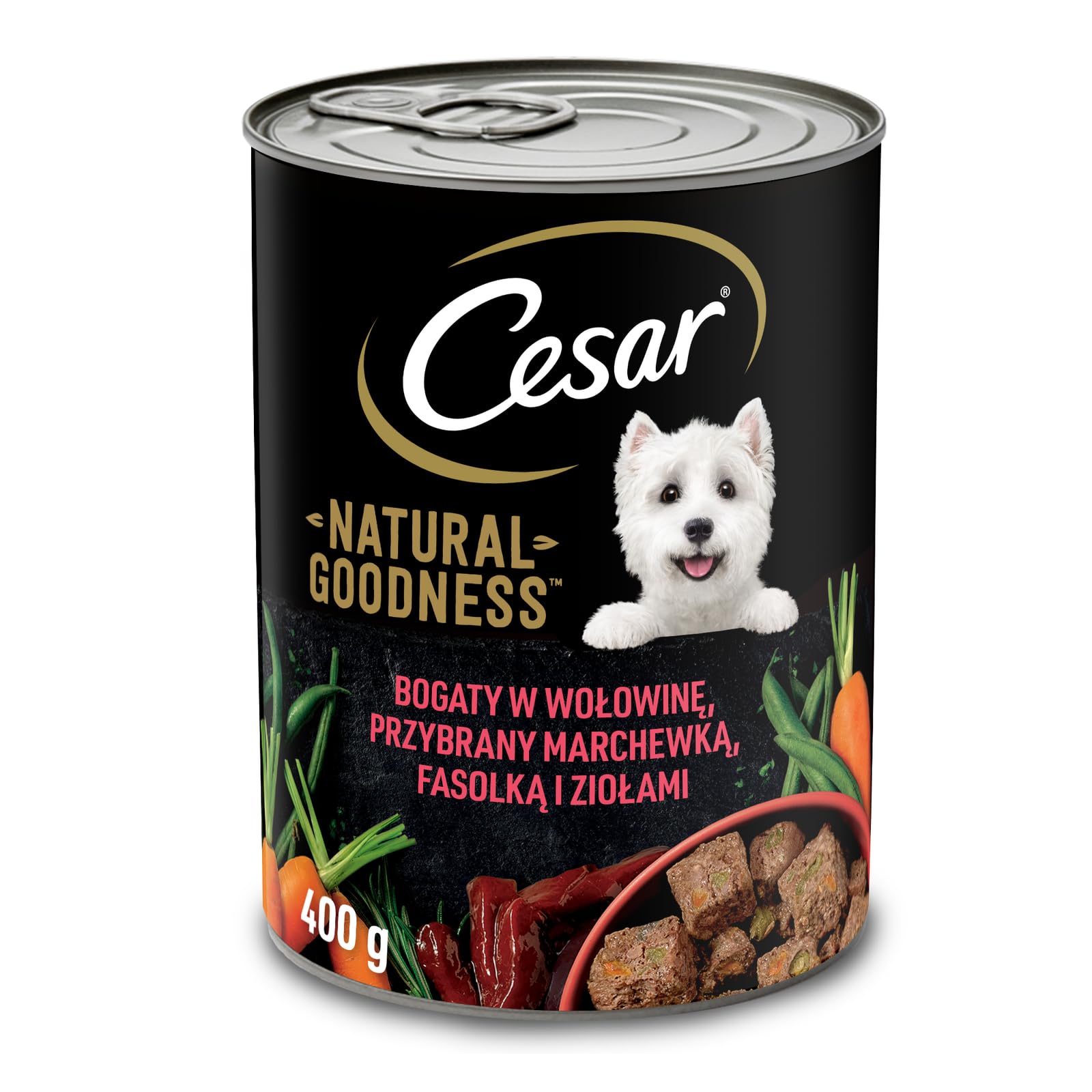 Cesar Natural Goodness Comida húmeda para perros adultos rica en carne de vacuno, adornado con zanahorias, judías verdes y hierbas, lata de 12 x 400 g