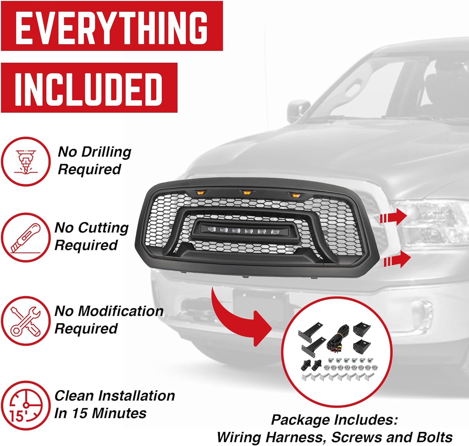 AMERICAN MODIFIED Front Grille Compatible with 2013-2018 Dodge Ram 1500, Replacement Grill w/Off-Road Lights, Matte Black