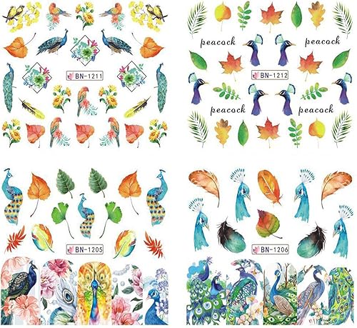 Miniatura 5 de Vezocim Calcomanías para arte de uñas, diseños holográficos de pavo real para transferencia de agua, calcomanías de pájaros y hojas de flores,