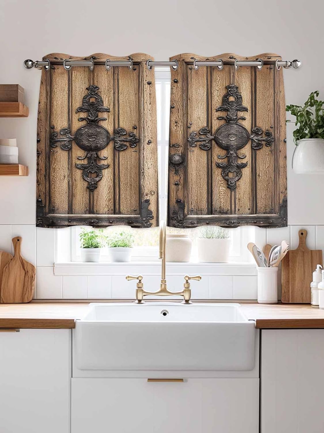 Farmhouse Brown Window Curtains Panels with Silver Grommet,Rustic Wooden Historical Barn Door Plank Kitchen Cafe Curtain Draperies Window Treatment Set for Bedroom/Living Room/Bathroom/Cafe,104x54