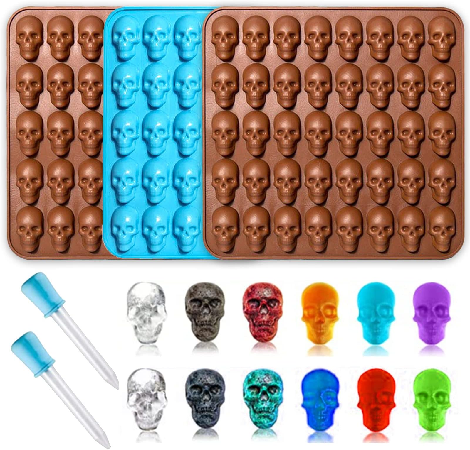 Gummy Skull Candy Molds,3-Pack 40 Cavity Silicone Skull Molds with 2 Droppers for Gummy,Candy,Jelly,Chocolate,Wax Melt,Dog Treats,Ice Cube
