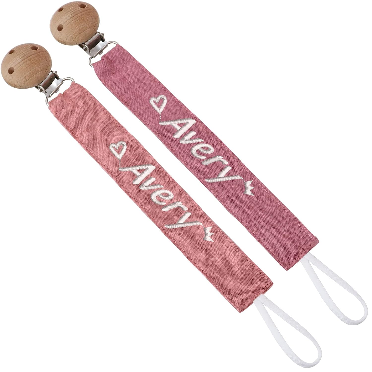 Customized Pacifier Clip Personalized Name (2 Pack), Customizable Cotton Fabric Pacifier Leashes Holder Soother Chain with Embroidered Name for Baby Girls(Pink+Purple)
