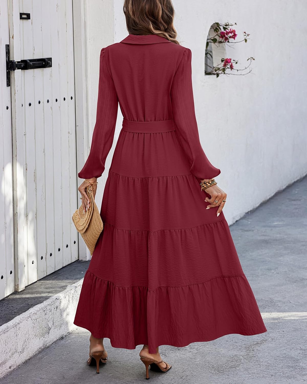 dowerme Women's Long Sleeve Dress 2026 Button Down Belted A-Line Flowy Spring Outfits Ruffle Maxi Holiday Party Dresses - Image 5