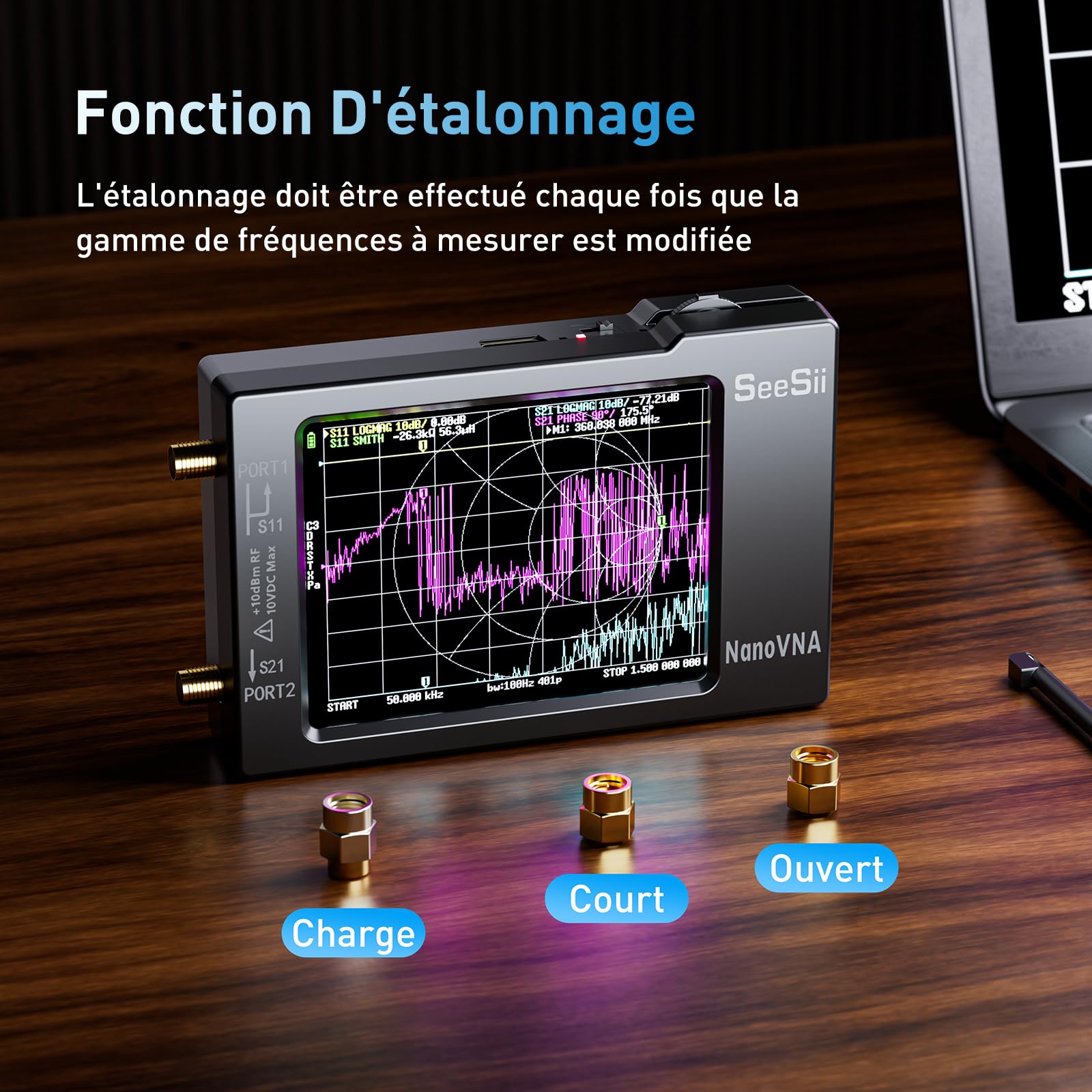 Seesii NanoVNA-H Analyseur de Réseau Vectoriel, Analyseur d'antenne V3,6 10KHz-1,5GHz MF/HF/VHF/UHF pour Paramètres S, Rapport d'onde Stationnaire de Tension et Graphique Smith Support SD Carte