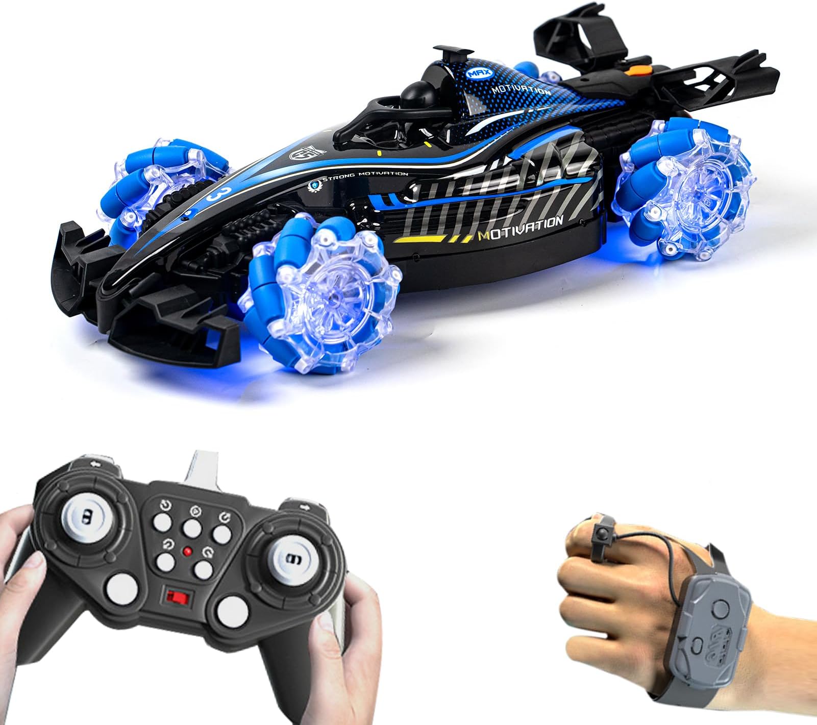 RC Stunt Car, Gesture Sensing Remote Control Car with Sound Lights and Spray, 2.4GHz 4WD 360ยฐ Rotating RC Cars for Teens (Blue)