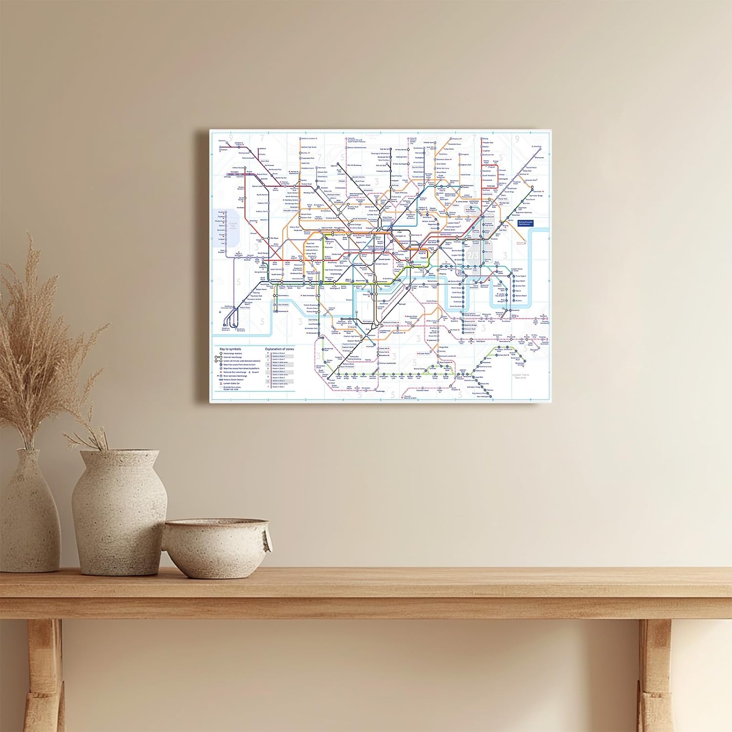 London Underground Map Canvas Wall Art - Modern Tube Subway System Print for Office Living Room Bedroom Decor - Unique British UK Travel Souvenir Gift - Framed Ready to Hang