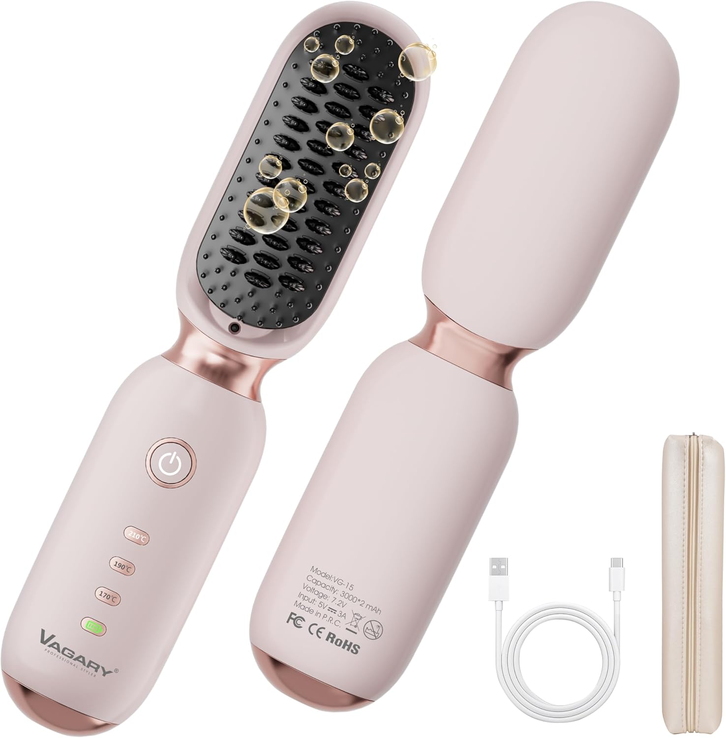 VAGARY Cordless Hair Straightener Brush,Portable Straightening Brush for Travel, 30s Fast Heat,3 Temp Settings,300 Million Negative Ions,USB Rechargeable,Anti-Scald Design Suitable for Thick,Thin Hair