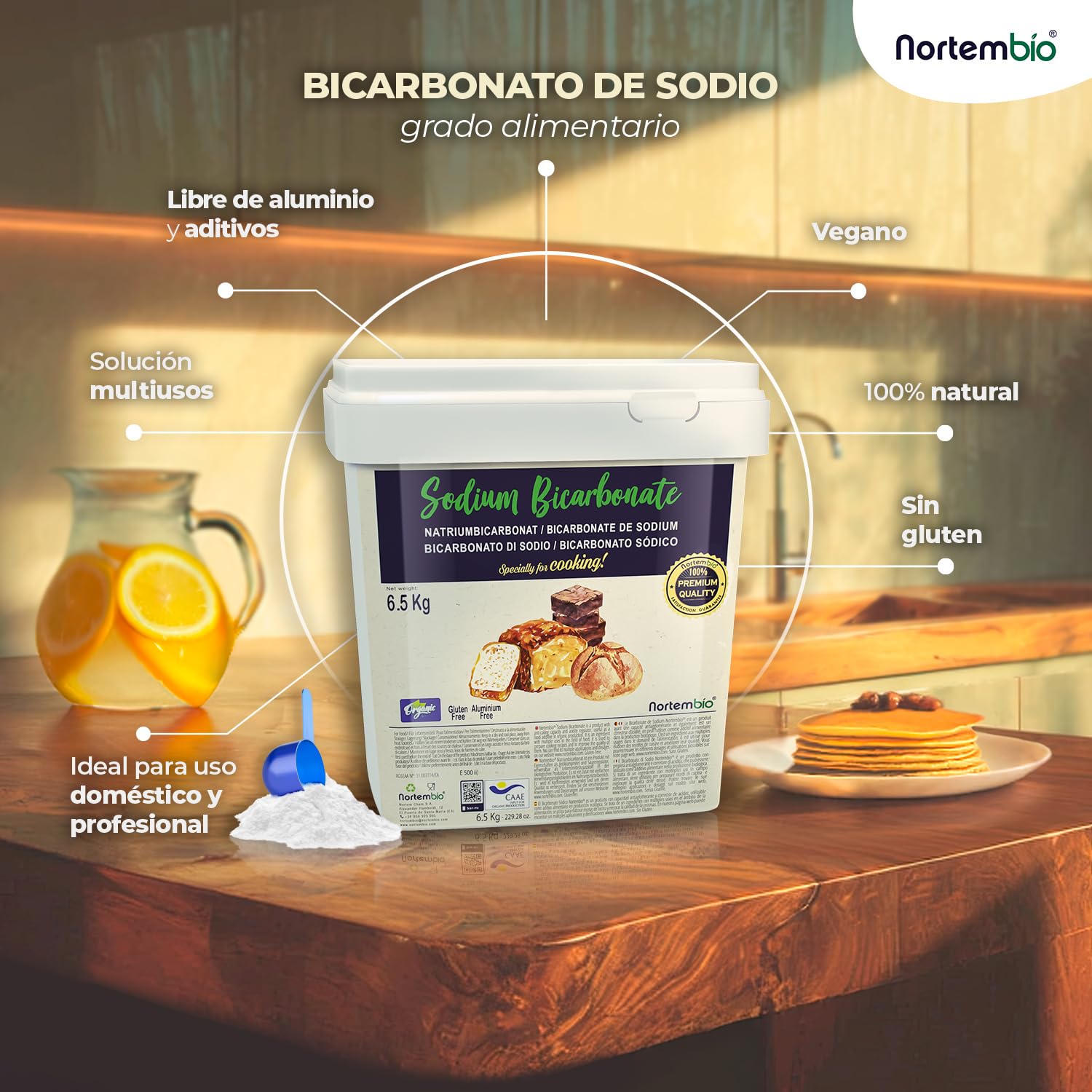 Nortembio Bicarbonato de Sodio E500(ii) 3 kg – Aditivo de Cocina y Repostería, Calidad Gourmet, Alta Pureza 100% Natural + eBook de Recetas