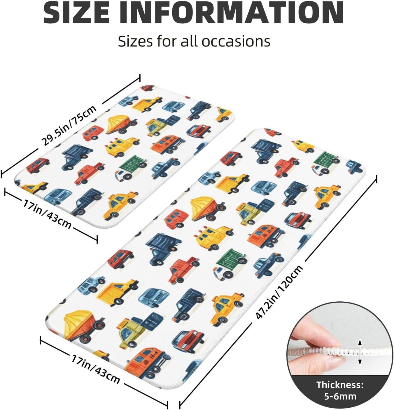 Cartoon Car Print Kitchen Rugs Sets of 2 Non Slip Washable, Anti Fatigue Kitchen Mats for Floor, Home Decor