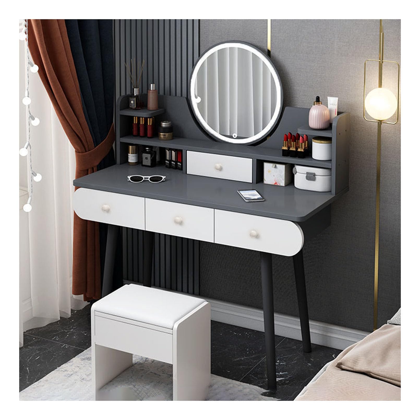 Escritorio de maquillaje de lujo con espejo LED regulable y taburete