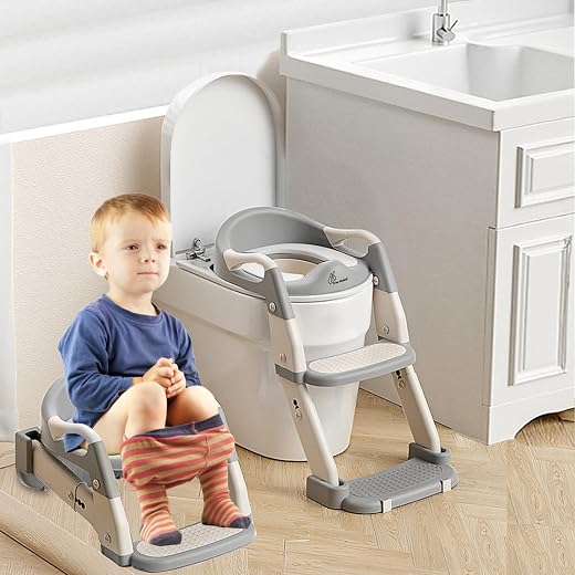 R for Rabbit Hilltop Trainer 2-in-1 Potty Training Seat & Step Stool | Adjustable Height with Anti-Skid Base, Universal Fit & Foldable Toilet Seat for 1-7 Years Kids, Toddler (Grey White)