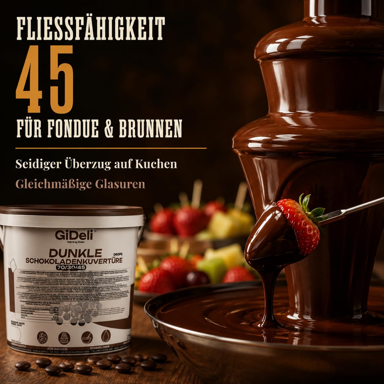 GiDeli Dunkle Schokoladenkuvertüre 70% Drops 5kg im Eimer - Professionelle Zartbitterschokolade zum Temperieren - Kakao aus Ghana - Fließfähigkeit 45 - Ideal für Torten, Pralinen & Ganache