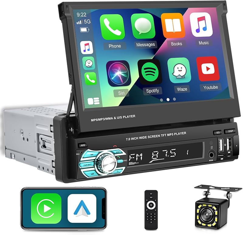 Single Din Flip Out Screen Car Stereo with Wireless Carplay Android Auto | 7 inch 1 Din Touch Screen Radio Support Bluetooth/SWC/USB/FM + Backup Camera + Mic + Remote Control
