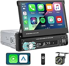 Single Din Flip Out Screen Car Stereo with Wireless Carplay and Android Auto, 7 inch 1 Din Touch Screen Radio Support Bluetooth/SWC/USB/FM + Backup Camera + Mic + Remote Control
