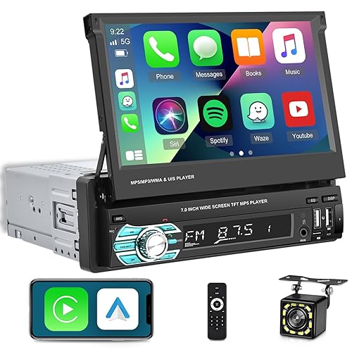 Single Din Flip Out Screen Car Stereo with Wireless Carplay and Android Auto, 7 inch 1 Din Touch Screen Radio Support Bluetooth/SWC/USB/FM + Backup Camera + Mic + Remote Control