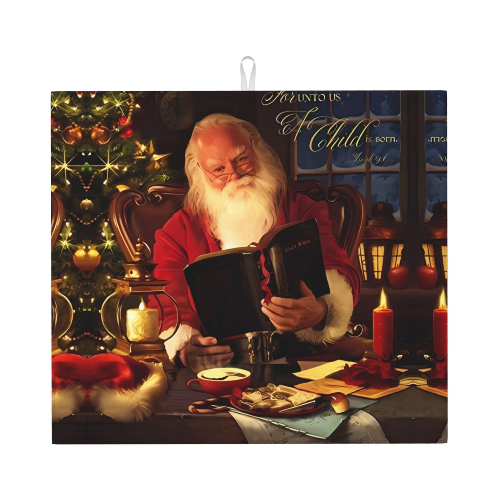 HJFCZH Christmas Santa Prints Kitchen Drying Mat – Absorbent Microfiber Throw for Dishes, Non-Slip Counter Cover, Quick-Drying Layer with Fade-Resistant Print