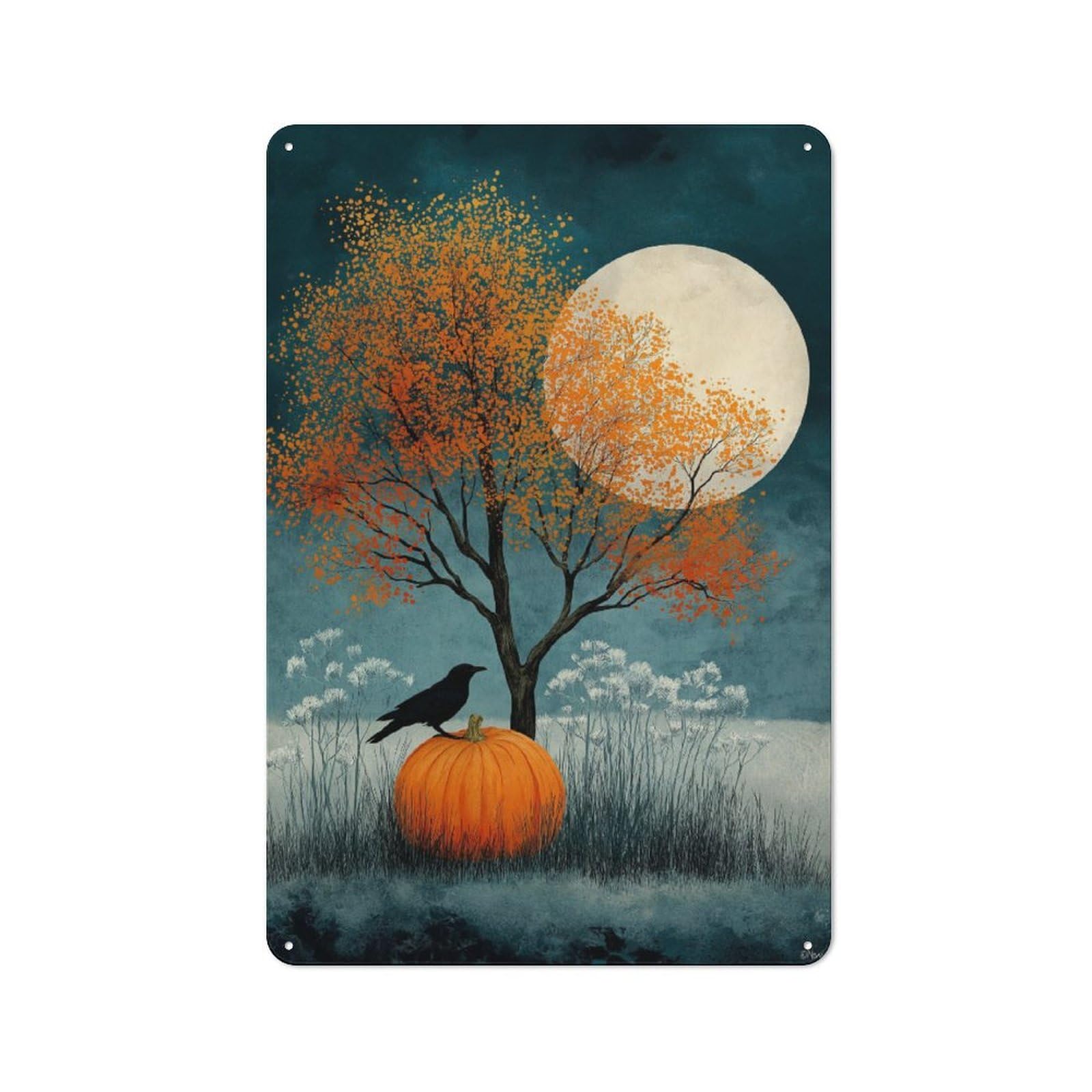 Junmoney Moonlit Pumpkin Glow Tin Wall Plaque 30X20cm With For Bar Or Restaurant, Autumn Wall Decor For Hospitality Decor Collectors
